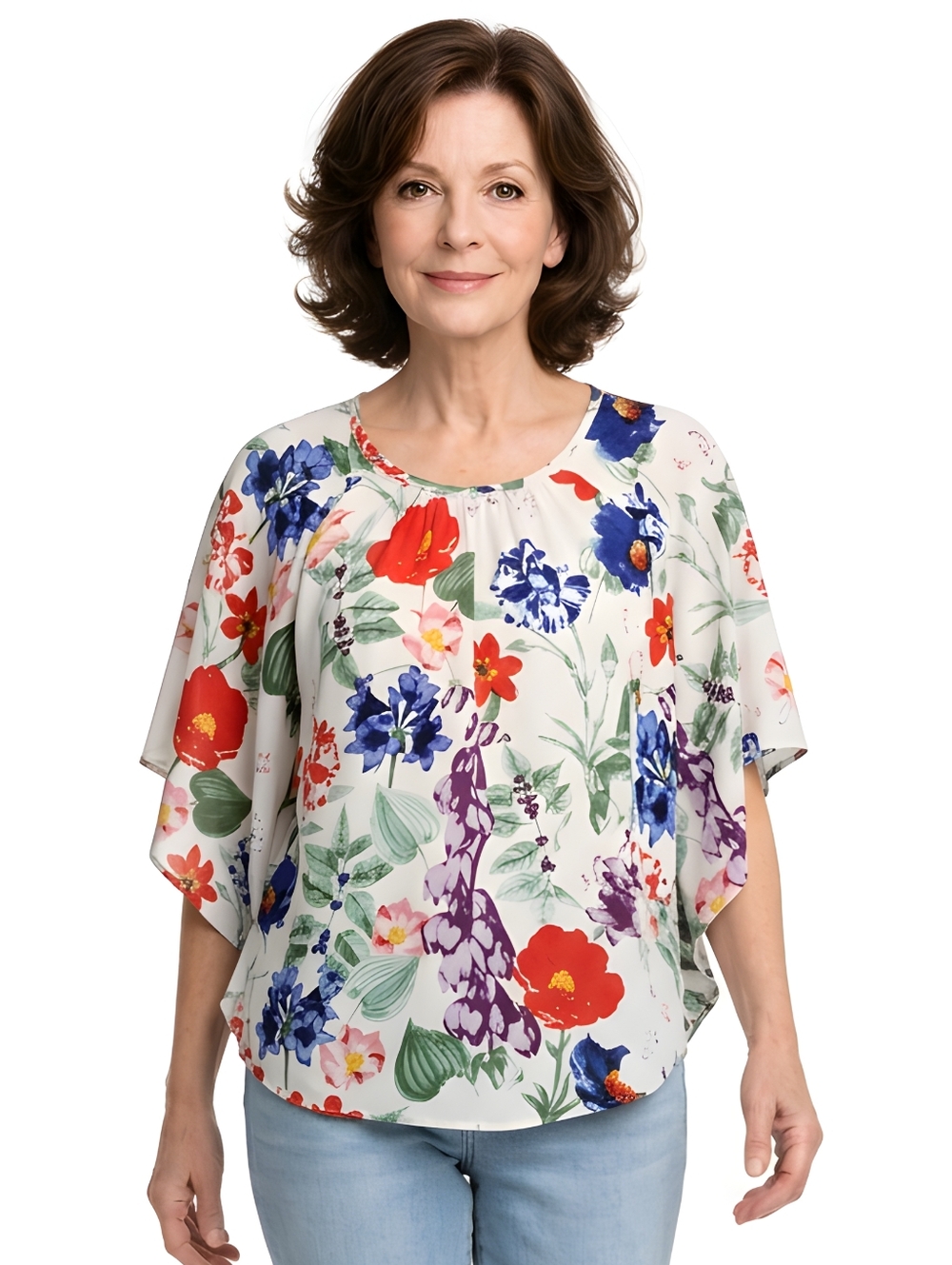 Chelsea & Theodore Bright Floral Flutter Sleeve Scoop Neck Blouse